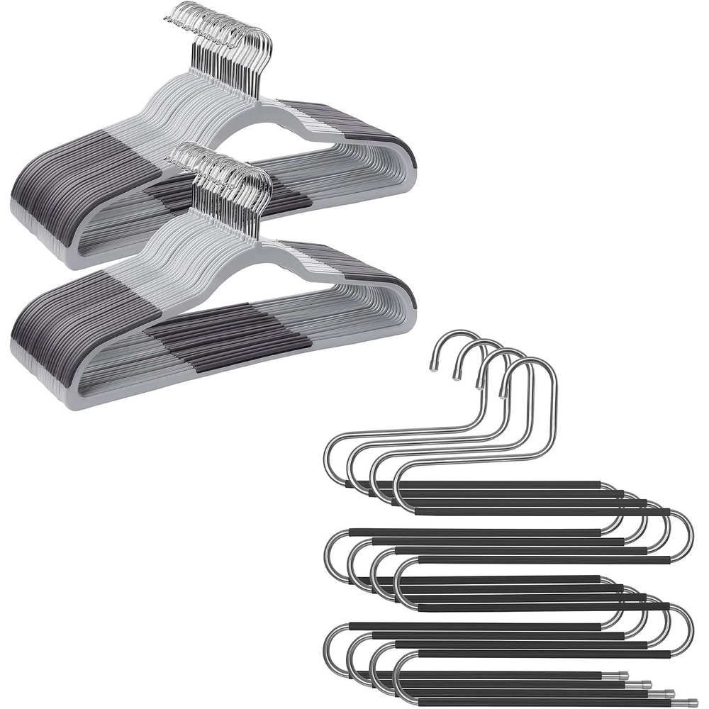 image:imageSONGMICS 50Pack Coat Hangers and Set of 4 Jeans Hanger Bundle SShaped Pants Organizers Hangers 5Tier Hangers NonSlip Light and Dark Gray Black UCRF50G and UCRI043BK