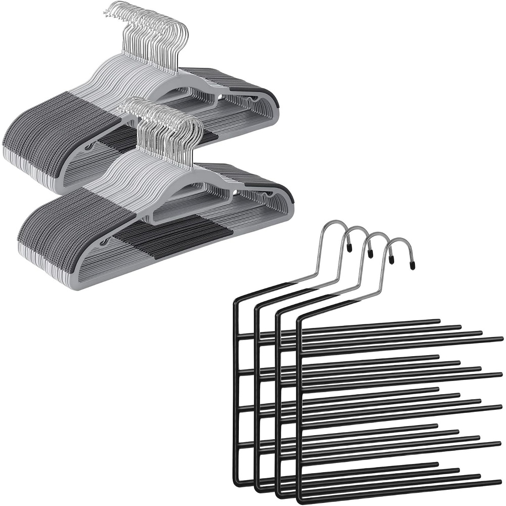 image:imageSONGMICS 50Pack Hangers and 4Pack Pants Hangers Bundle NonSlip Hangers for Closet Organization OpenEnded for Shirts Suits Pants Light Gray Dark Gray Black UCRP20G50 and UCRI034B02