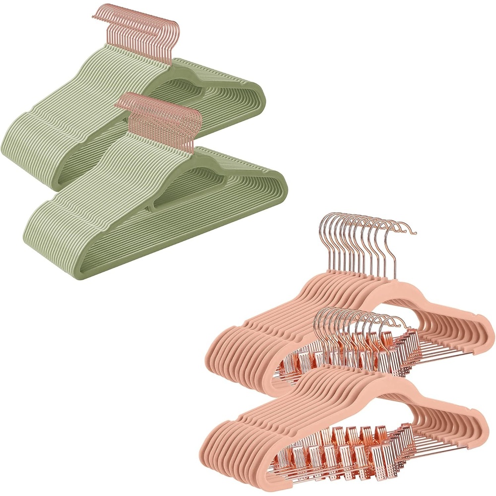 image:imageSONGMICS 50Pack Velvet Hangers and 24Pack Pants Hangers Bundle Clothes Hanger with Rose Gold Swivel Hook Coat Hangers with Movable Clips Pale Green and Light Pink UCRF021GR50 and UCRF14PK24