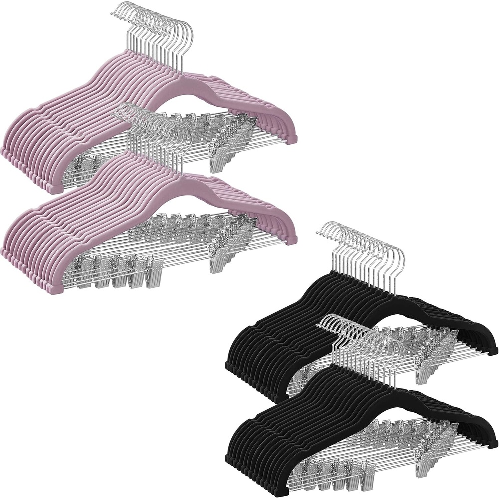 image:imageSONGMICS Clothes Hangers Bundle Set of 30 with Set of 30 Pants Hangers with Adjustable Cilps SpaceSaving NonSlip for Skirts Coats Dresses Pale Purple and Black UCRF012GP30 and UCRF12B30