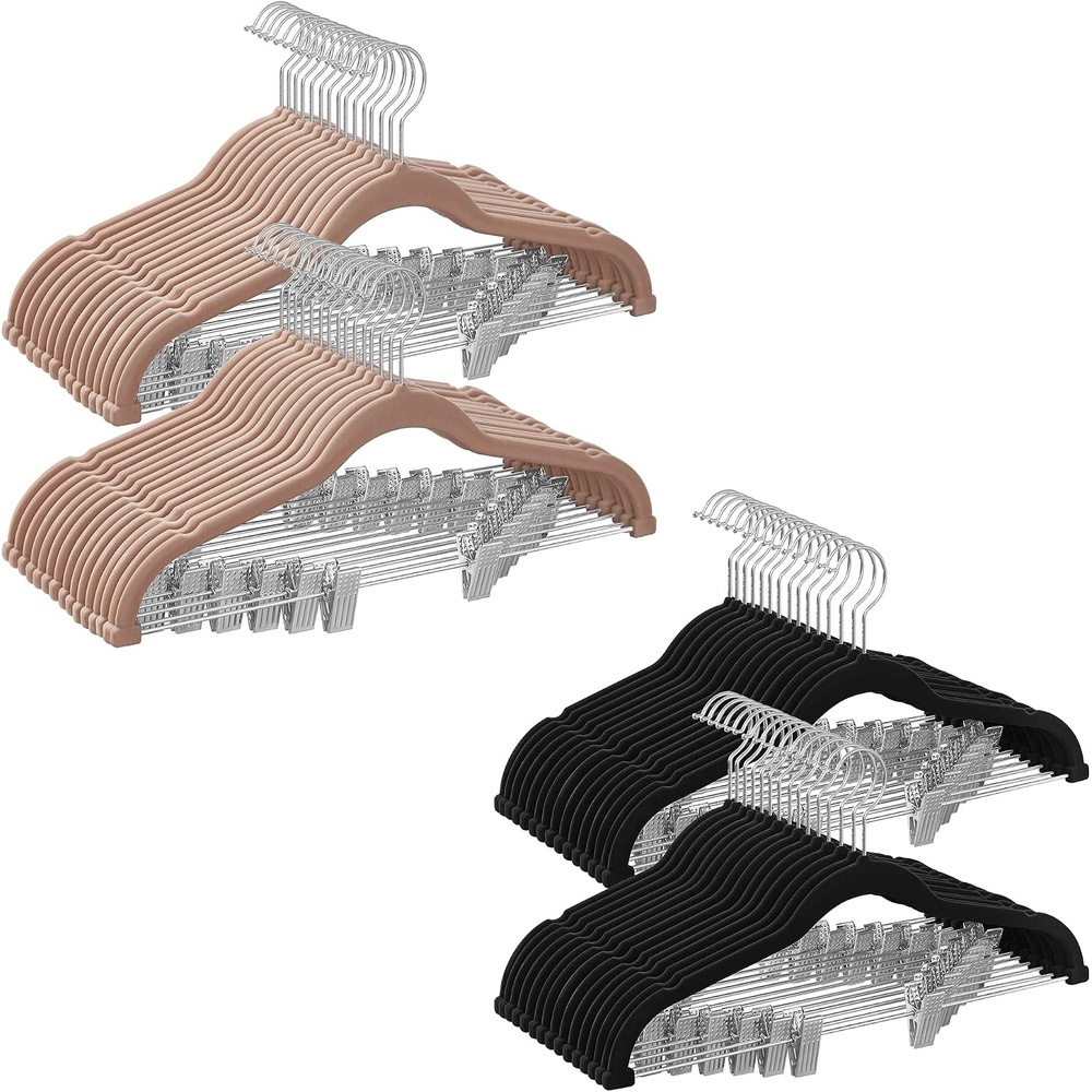 image:imageSONGMICS Clothes Hangers Bundle Set of 30 with Set of 30 Pants Hangers with Adjustable Clips SpaceSaving NonSlip for Skirts Coats Dresses Pale Brown and Black UCRF012LB30 and UCRF12B30