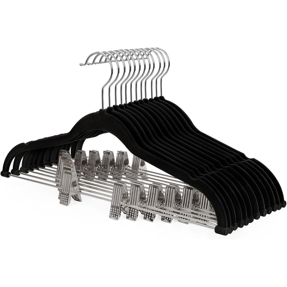 image:imageSONGMICS Hangers 12Pack Velvet Pants Hangers with ClipsNoSlip Strong Enough and Space Saving with Metal Clips Grooves Hook for Coat Pants Jacket Black UCRF12B