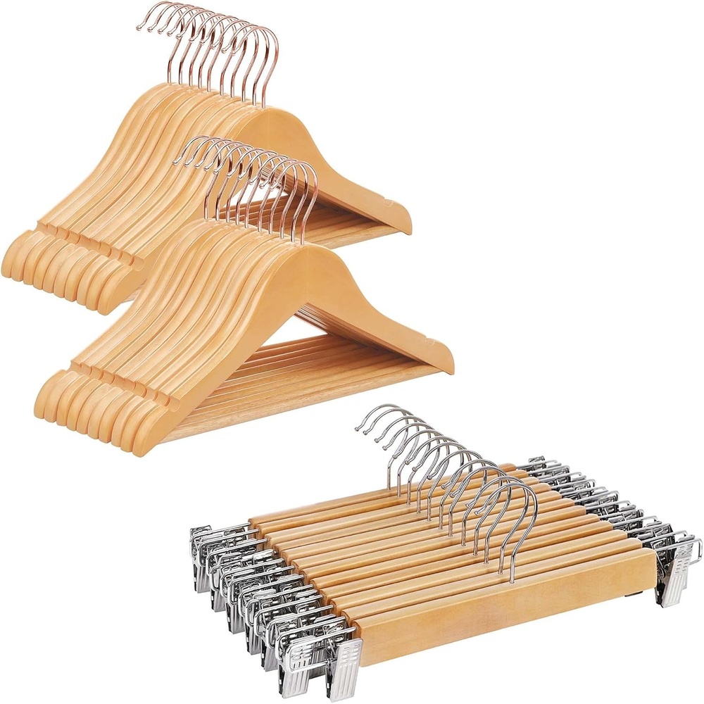 image:imageSONGMICS Kids Coat Hangers and Pants Hangers Bundle 20Pack Solid Wood Hangers with Shoulder Notches 12Pack Pants Hangers with Adjustable Clips Natural UCRW006N03 and UCRW00812