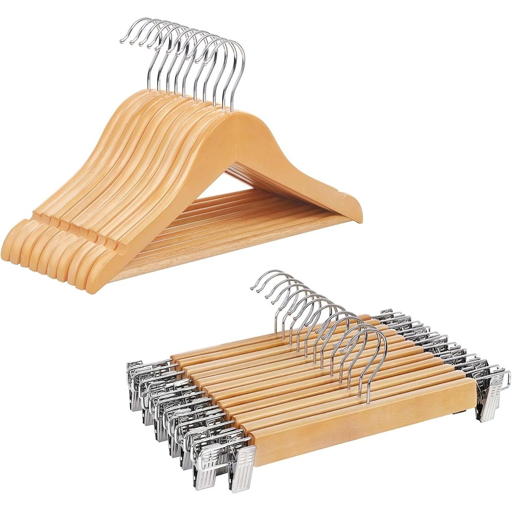 image:imageSONGMICS Kids Coat Hangers and Pants Hangers Bundle 20Pack Solid Wood Hangers with Shoulder Notches 12Pack Pants Hangers with Adjustable Clips Natural UCRW06NL and UCRW00812