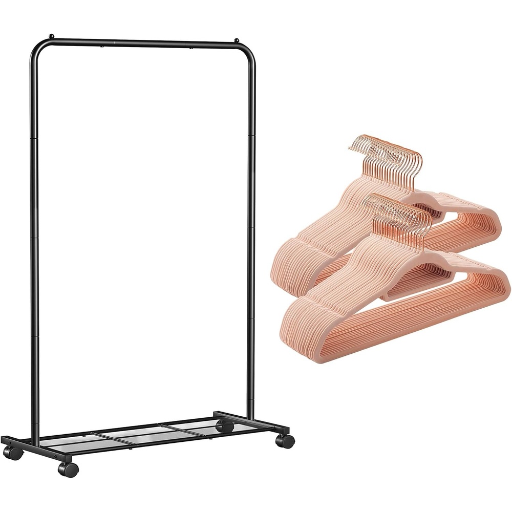 image:imageSONGMICS Pack of 50 Velvet Hangers and Metal Clothes Rack Bundle NonSlip Clothes Hangers Rolling Garment Rack Clothing Organization Bundle Light Pink and Black UCRF21PK50 and UHSR25BK