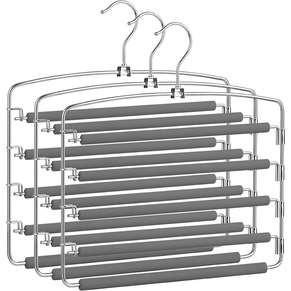 image:imageSONGMICS Pants Hangers Space Saving 5 Layer Pants Hangers Set of 3 Multiple Pant Hanger Pants Organizer Hanger Swing Arm Pants Hangers with NonSlip Padding Silver and Gray UCRI041GY