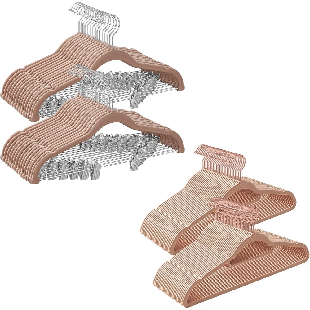 image:imageSONGMICS Pants Hangers and Velvet Hangers Bundle Set of 30 Velvet Hangers with Adjustable Clips Set of 50 Clothes Hanger with Swivel Hook Pale Brown UCRF012LB30 and UCRF021LB50