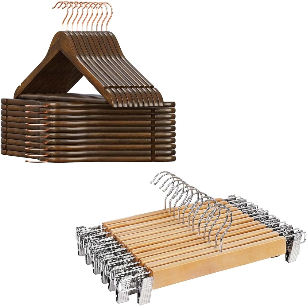 image:imageSONGMICS Solid Wood Coat Hangers and Pants Hangers Bundle 20Pack Clothes Hangers with Shoulder Notches 12Pack Pants Hangers with Adjustable Clips Swivel Hooks UCRW001V02 and UCRW00812