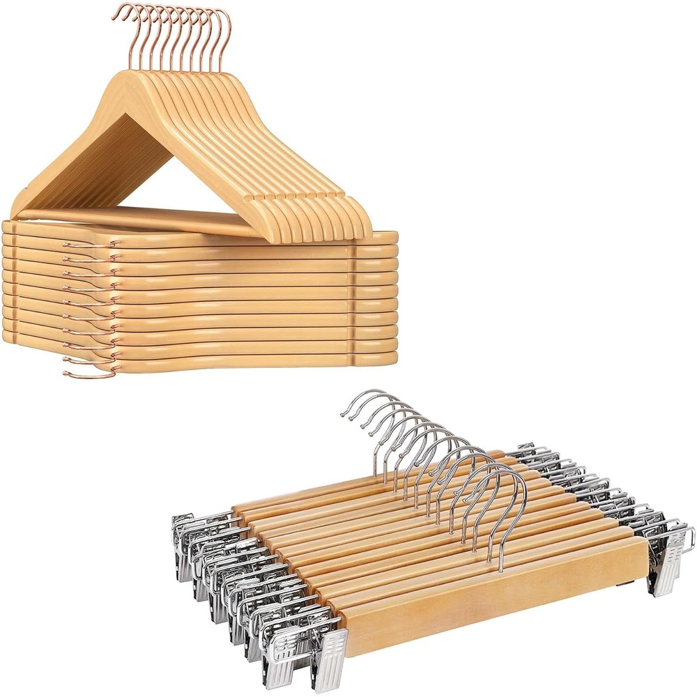 image:imageSONGMICS Solid Wood Coat Hangers and Pants Hangers Bundle 20Pack Clothes Hangers with Shoulder Notches 12Pack Pants Hangers with Adjustable Clips Swivel Hooks Natural UCRW001N01 and UCRW00812