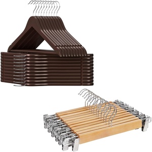 SONGMICS 20 Clothes Hangers and 12 Pants Hangers Bundle, Solid Wood Hangers with Metal Clips, 360° Swivel Hooks, for Shirts, Jackets, Jeans, Skirts, Black and Natural UCRW05K-20 and UCRW008-12