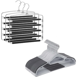SONGMICS 30-Pack Hangers and Set of 3 Pants Hangers Bundle, Non-Slip Hangers, 5-Tier Pants Organizers, for Shirts, Suits, Ties, Light and Dark Gray, Silver and Black UCRP20G30 and UCRI041BK