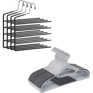 SONGMICS 30-Pack Hangers and Set of 4 Pants Hangers Bundle, Non-Slip Hangers for Closet Organization, 5-Tier Hangers, Open-Ended, for Shirts, Suits, Light and Dark Gray, Black UCRP20G30 and UCRI034B02