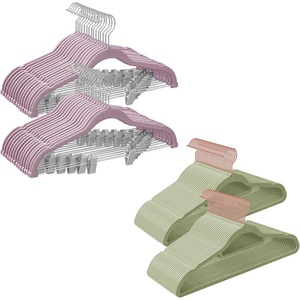 SONGMICS 30-Pack Pants Hangers and 50-Pack Clothes Hangers Bundle, Velvet Hangers with Adjustable Clips and Swivel Hooks, Space-Saving, Pale Purple and Pale Green UCRF012GP30 and UCRF021GR50