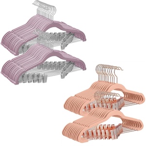 SONGMICS 30-Pack & 24-Pack Pants Hangers Bundle, Slim, Non-Slip, Space-Saving, Adjustable Clips, Velvet Finish, Pink