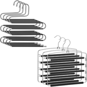 SONGMICS 3-Pack Closed Pants Hangers and 4-Pack Open-Ended Pants Hangers Bundle, 5-In-1 Clothes Hangers, Space-Saving, Non-Slip Hangers for Jeans, Scarfs, Ties Silver and Black UCRI041BK and UCRI043BK