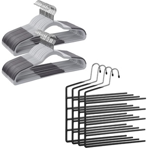 SONGMICS 50-Pack Coat Hangers and 4 Pants Hanger Bundle, Open Pants Organizers, Plastic and Metal Hangers, Multipurpose, Non-Slip, Light and Dark Gray, Black UCRF50G and UCRI034B02