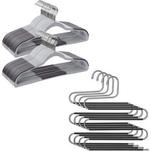 SONGMICS 50-Pack Coat Hangers and Set of 4 Jeans Hanger Bundle, S-Shaped Pants Organizers, Hangers, 5-Tier Hangers, Non-Slip, Light and Dark Gray, Black UCRF50G and UCRI043BK