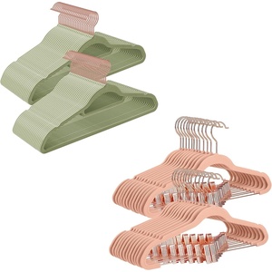 SONGMICS 50-Pack Velvet Hangers and 24-Pack Pants Hangers Bundle, Clothes Hanger with Rose Gold Swivel Hook, Coat Hangers with Movable Clips, Pale Green and Light Pink UCRF021GR50 and UCRF14PK24