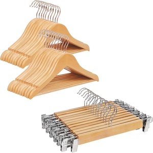 SONGMICS Kid’s Coat Hangers and Pants Hangers Bundle, 20-Pack Solid Wood Hangers with Shoulder Notches, 12-Pack Pants Hangers with Adjustable Clips, Natural UCRW006N03 and UCRW008-12
