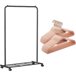 SONGMICS Pack of 50 Velvet Hangers and Metal Clothes Rack Bundle, Non-Slip Clothes Hangers, Rolling Garment Rack, Clothing Organization Bundle, Light Pink and Black UCRF21PK50 and UHSR25BK