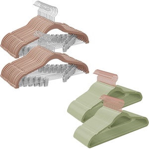 SONGMICS Pants Hangers and Velvet Hangers Bundle, Set of 30 Velvet Hangers with Adjustable Clips, Set of 50 Clothes Hanger with Swivel Hook, Pale Brown and Pale Green UCRF012LB30 and UCRF021GR50