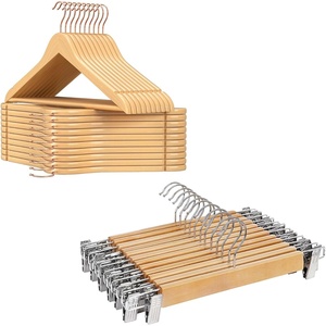 SONGMICS Solid Wood Coat Hangers and Pants Hangers Bundle, 20-Pack Clothes Hangers with Shoulder Notches, 12-Pack Pants Hangers with Adjustable Clips, Swivel Hooks, Natural UCRW001N01 and UCRW008-12