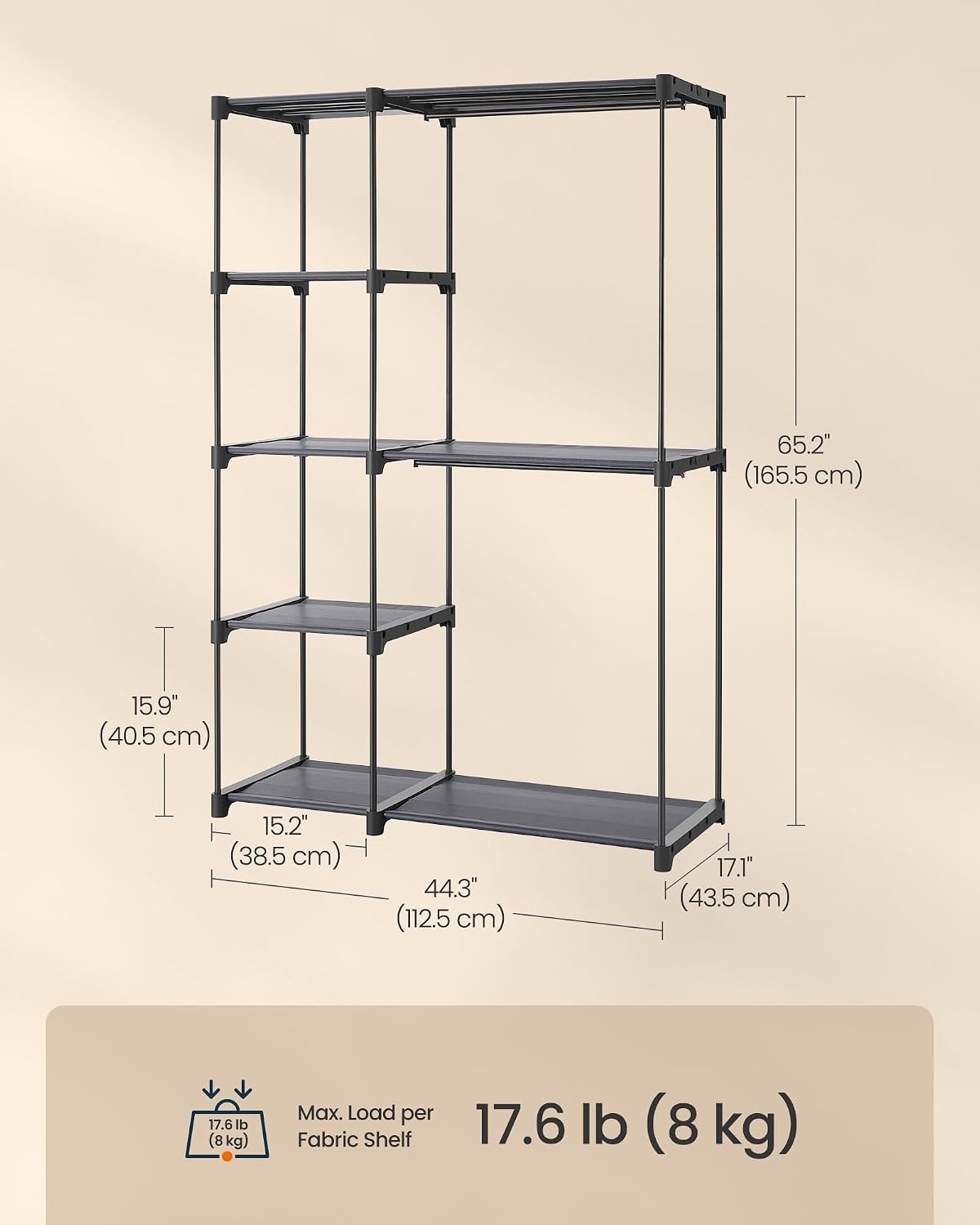 image:imageSONGMICS HOME Freestanding Clothes Rack Portable Closet for Cloakroom Bedroom 443 x 171 x 652 Inches GrayGray