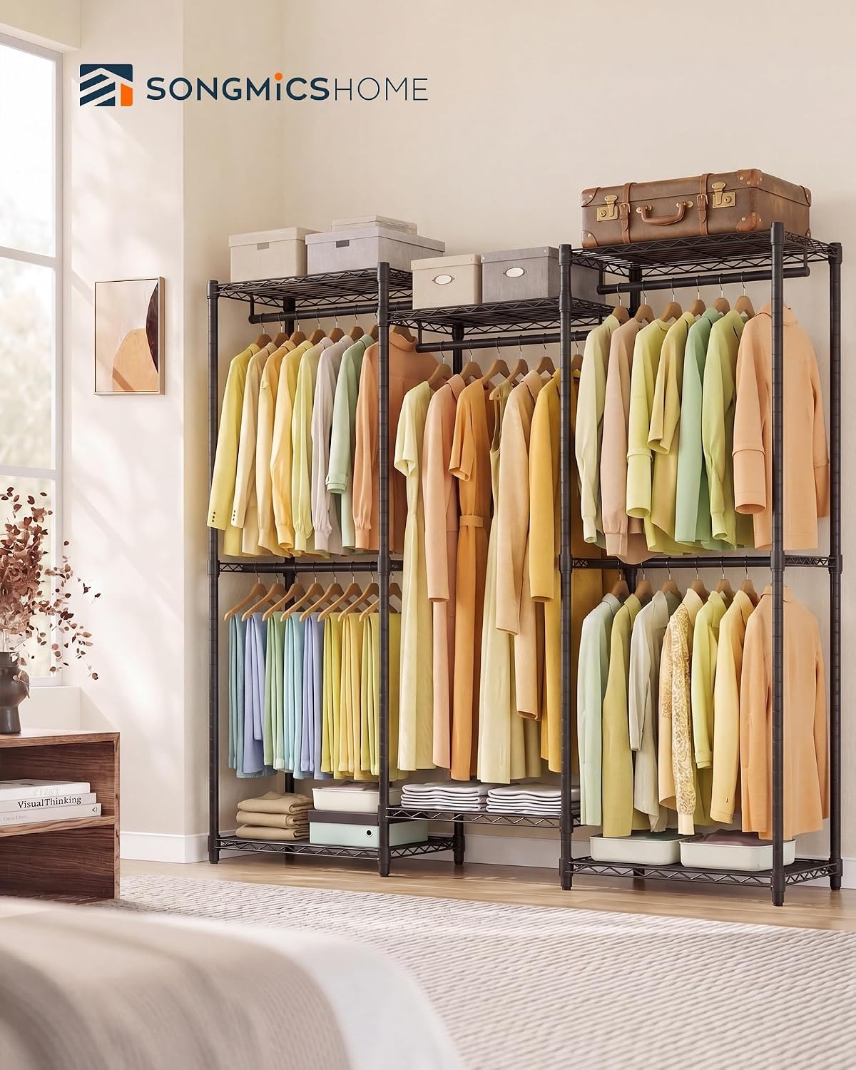 image:imageSONGMICS HOME HeavyDuty Clothes Rack Metal Closet Organizers and Storage System Freestanding Wardrobe Closet Garment Rack with Shelves 16 x 689 x 762 Inches BlackBlack