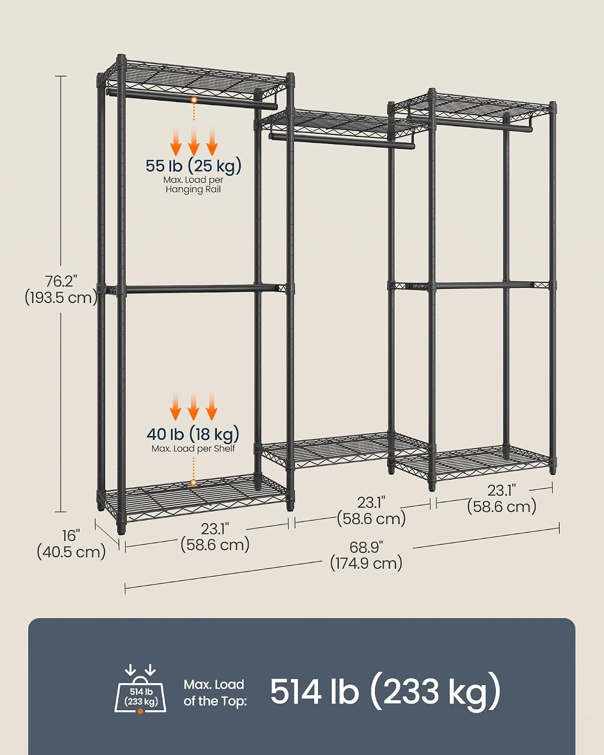image:imageSONGMICS HOME HeavyDuty Clothes Rack Metal Closet Organizers and Storage System Freestanding Wardrobe Closet Garment Rack with Shelves 16 x 689 x 762 Inches BlackBlack