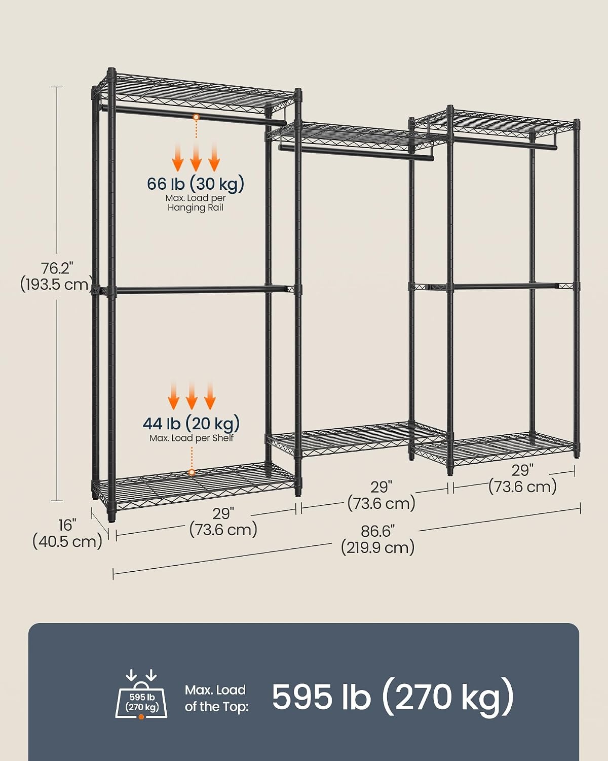 image:imageSONGMICS HOME HeavyDuty Clothes Rack Metal Closet Organizers and Storage System Freestanding Wardrobe Closet Garment Rack with Shelves 16 x 689 x 762 Inches BlackBlack