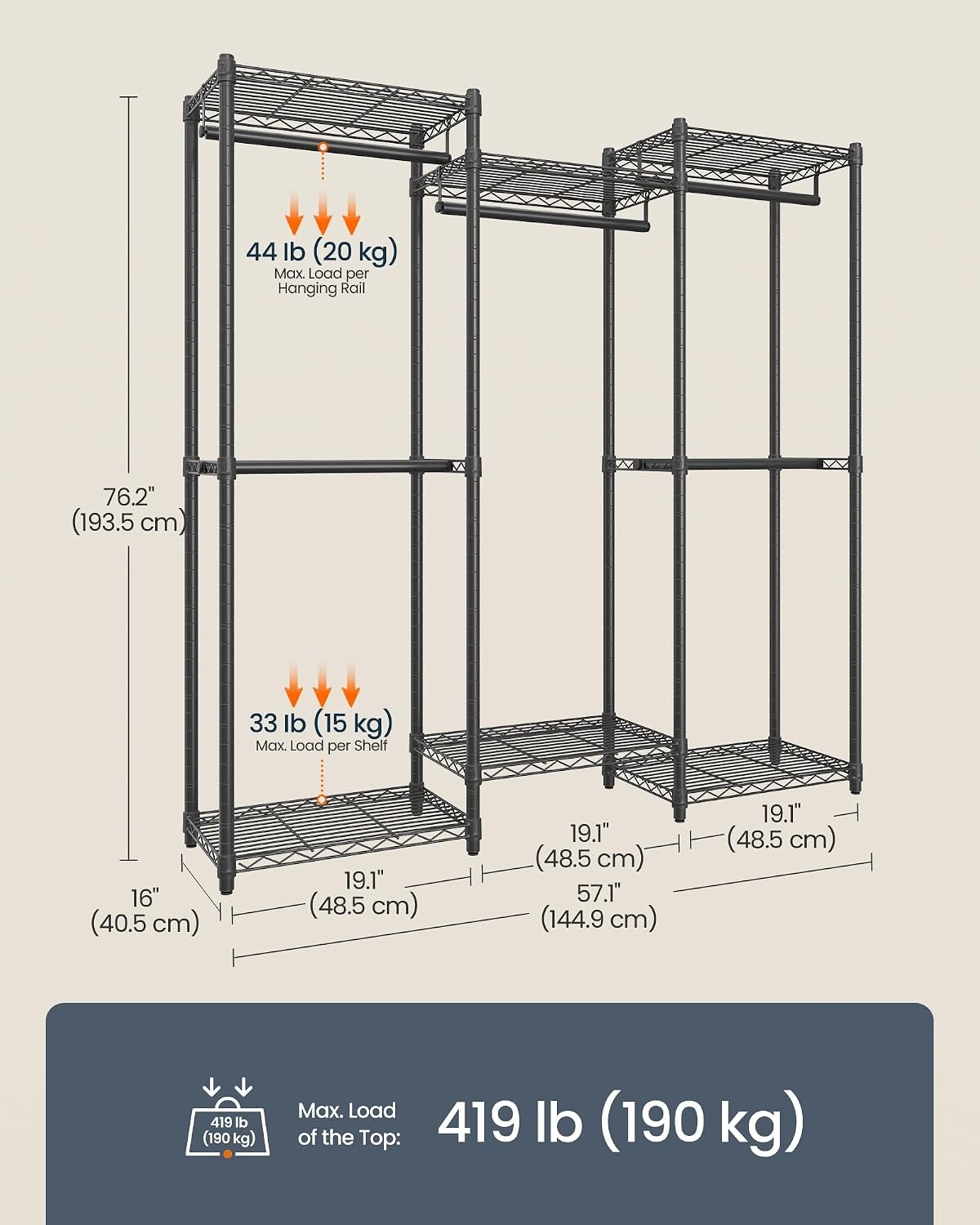 image:imageSONGMICS HOME HeavyDuty Clothes Rack Metal Closet Organizers and Storage System Freestanding Wardrobe Closet Garment Rack with Shelves 16 x 689 x 762 Inches BlackBlack