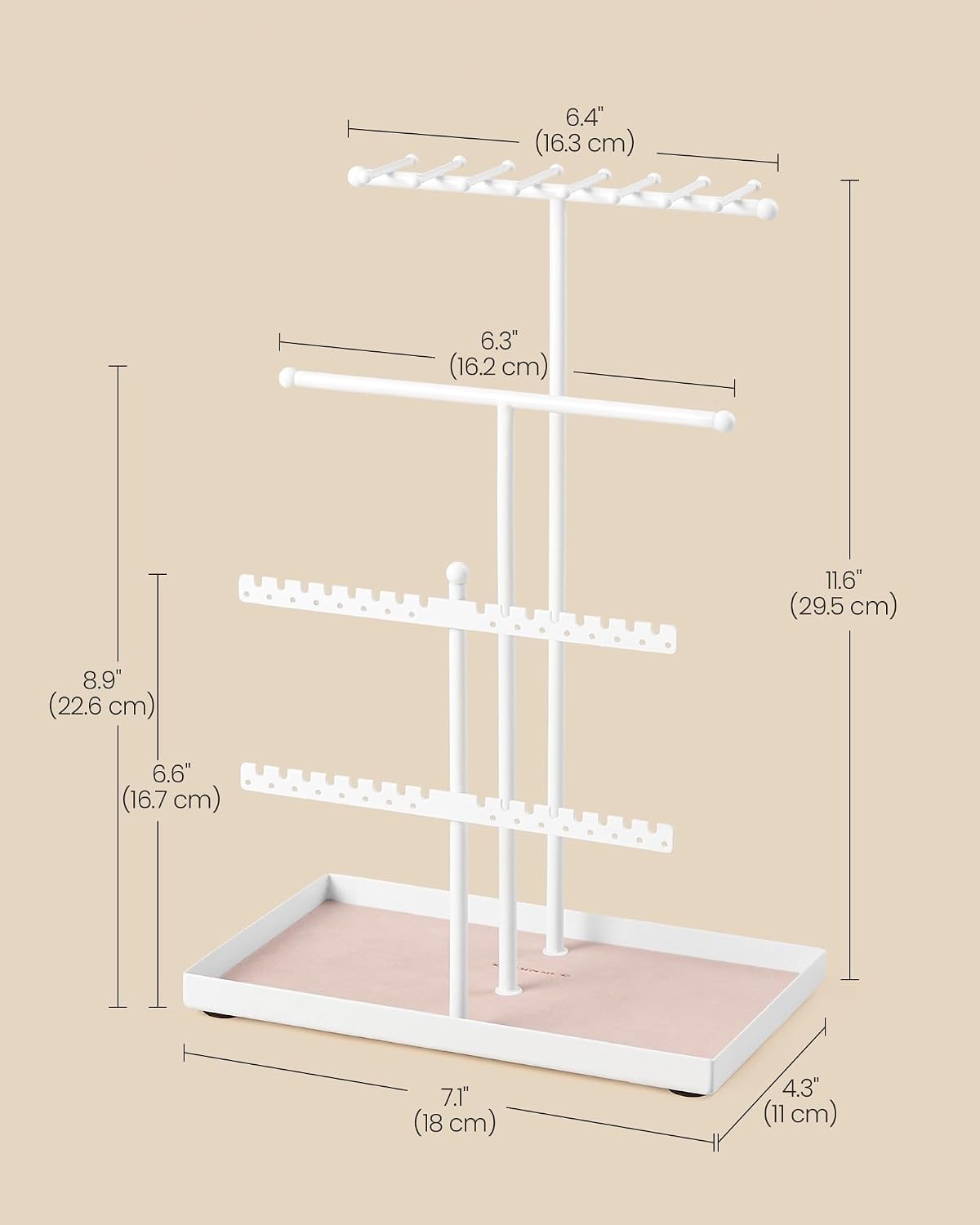 image:imageSONGMICS Jewelry Organizer Stand 3Tier Necklace Holder 10 Storage BagsMatte White