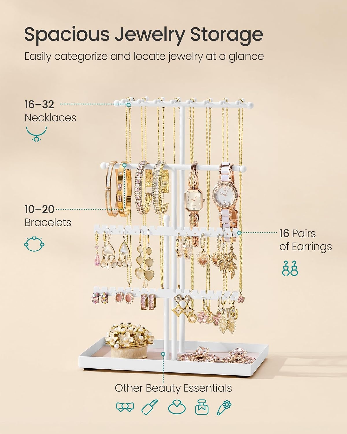 image:imageSONGMICS Jewelry Organizer Stand 3Tier Necklace Holder 10 Storage BagsMatte White