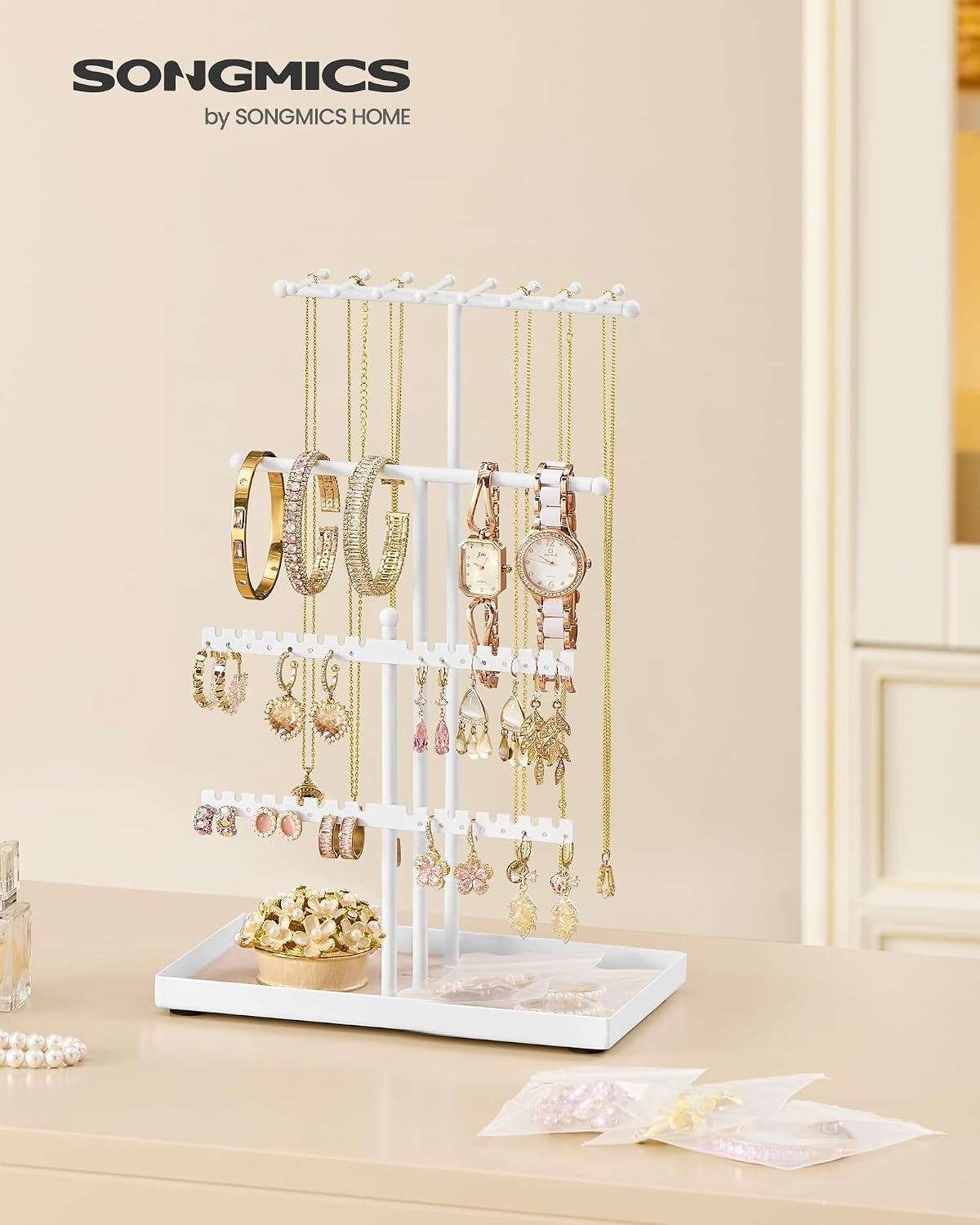 image:imageSONGMICS Jewelry Organizer Stand 3Tier Necklace Holder 10 Storage BagsMatte White