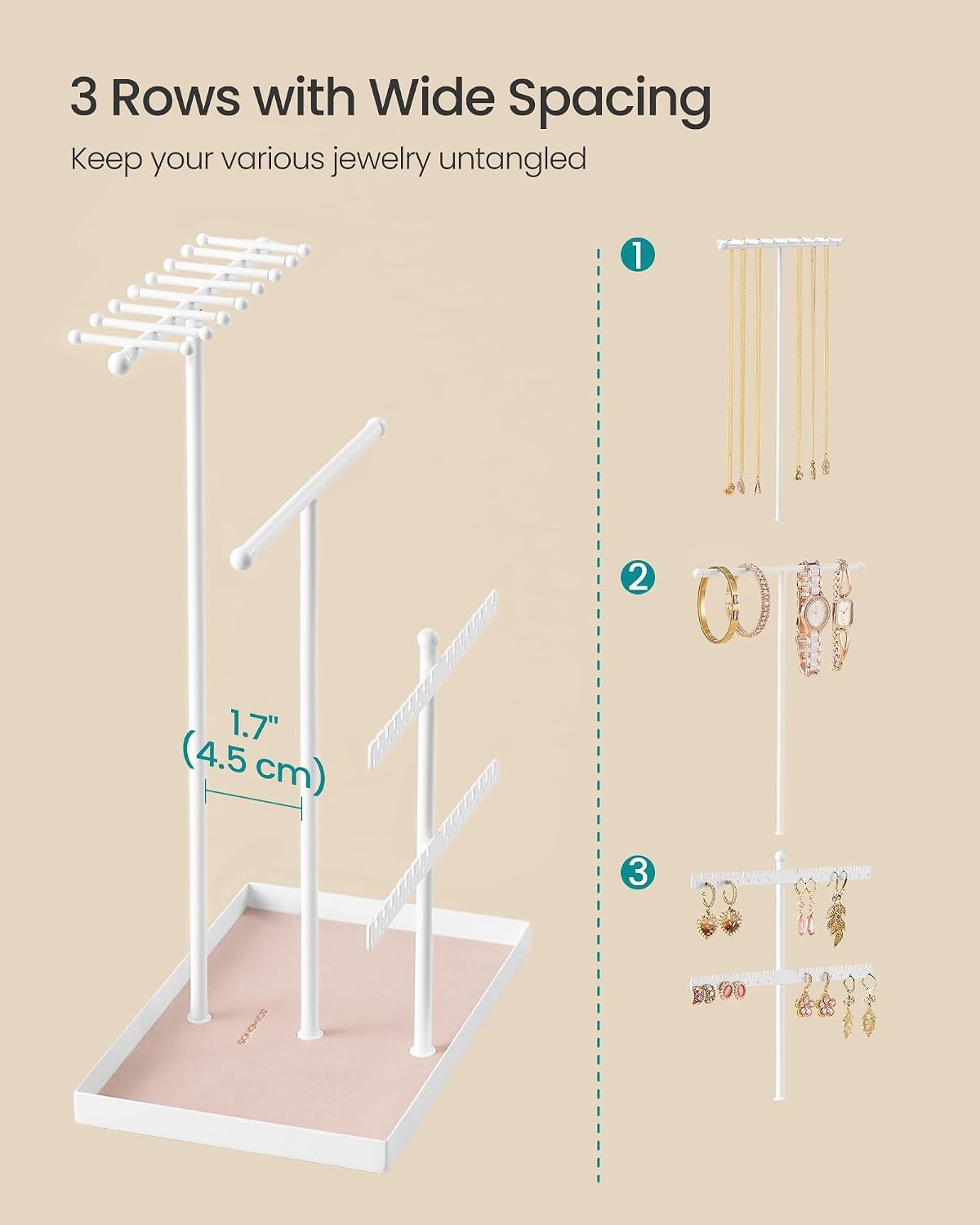 image:imageSONGMICS Jewelry Organizer Stand 3Tier Necklace Holder 10 Storage BagsMatte White