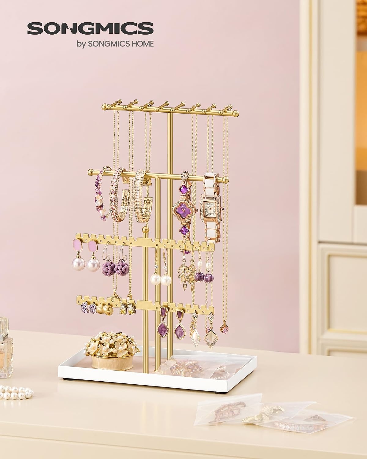 image:imageSONGMICS Jewelry Organizer Stand 3Tier Necklace Holder 10 Storage BagsPale Gold