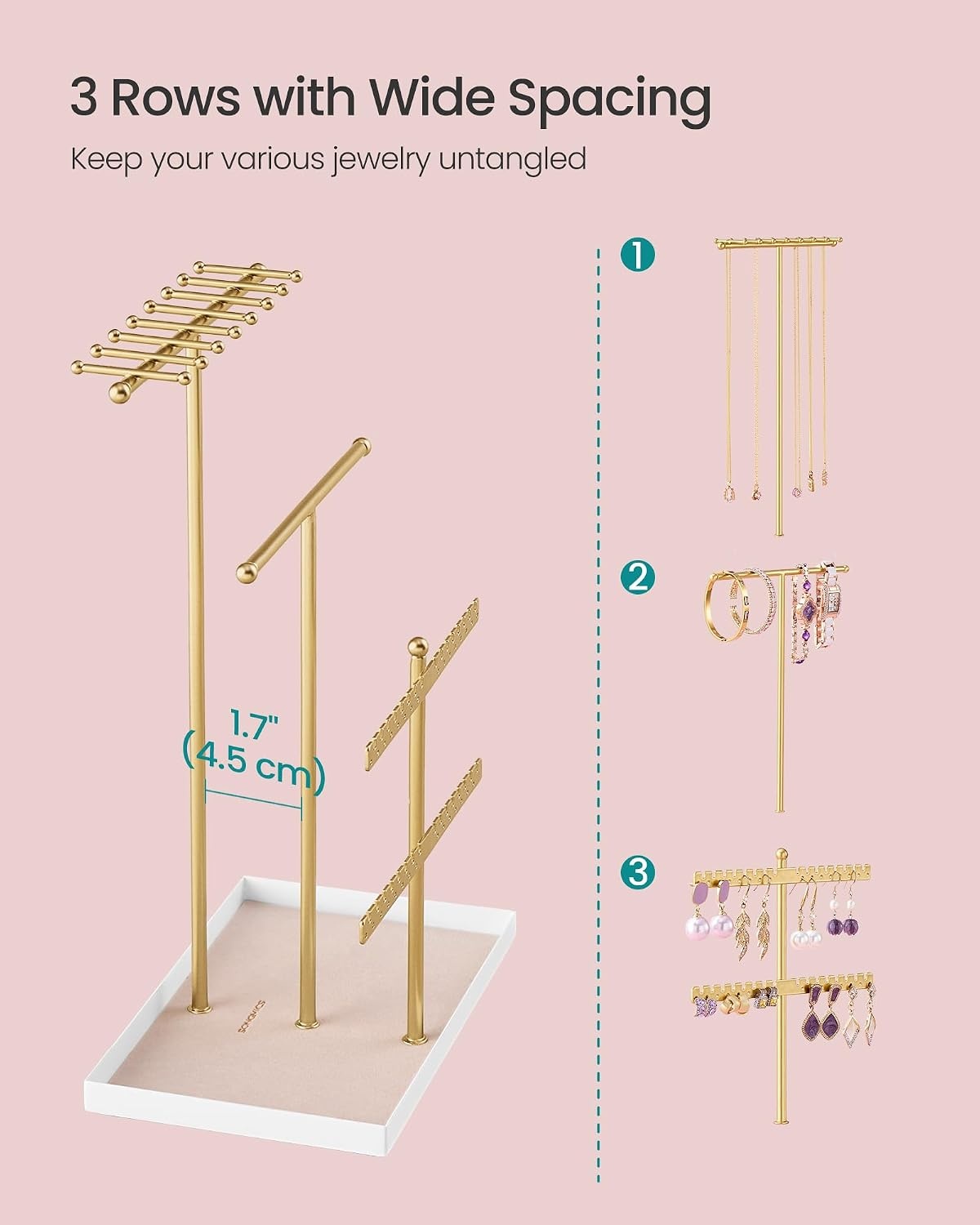 image:imageSONGMICS Jewelry Organizer Stand 3Tier Necklace Holder 10 Storage BagsPale Gold