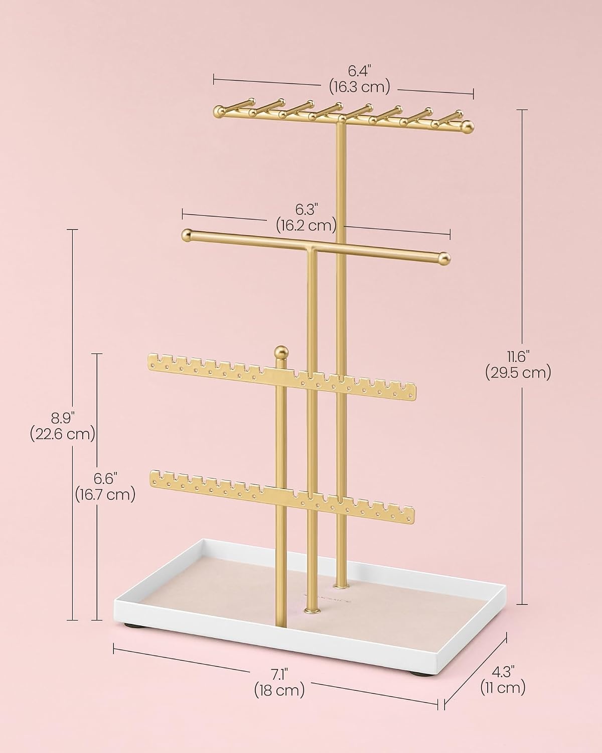 image:imageSONGMICS Jewelry Organizer Stand 3Tier Necklace Holder 10 Storage BagsPale Gold