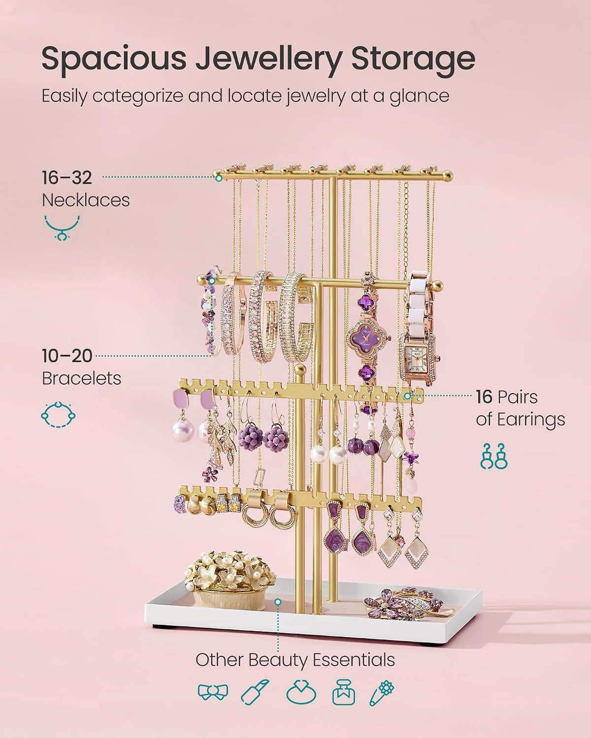 image:imageSONGMICS Jewelry Organizer Stand 3Tier Necklace Holder 10 Storage BagsPale Gold