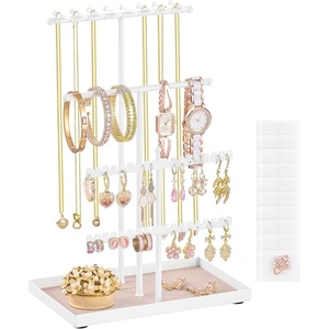 SONGMICS Jewelry Organizer Stand, 3-Tier Necklace Holder, 10 Storage Bags(Matte White)