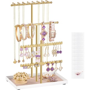 SONGMICS Jewelry Organizer Stand, 3-Tier Necklace Holder, 10 Storage Bags(Pale Gold)
