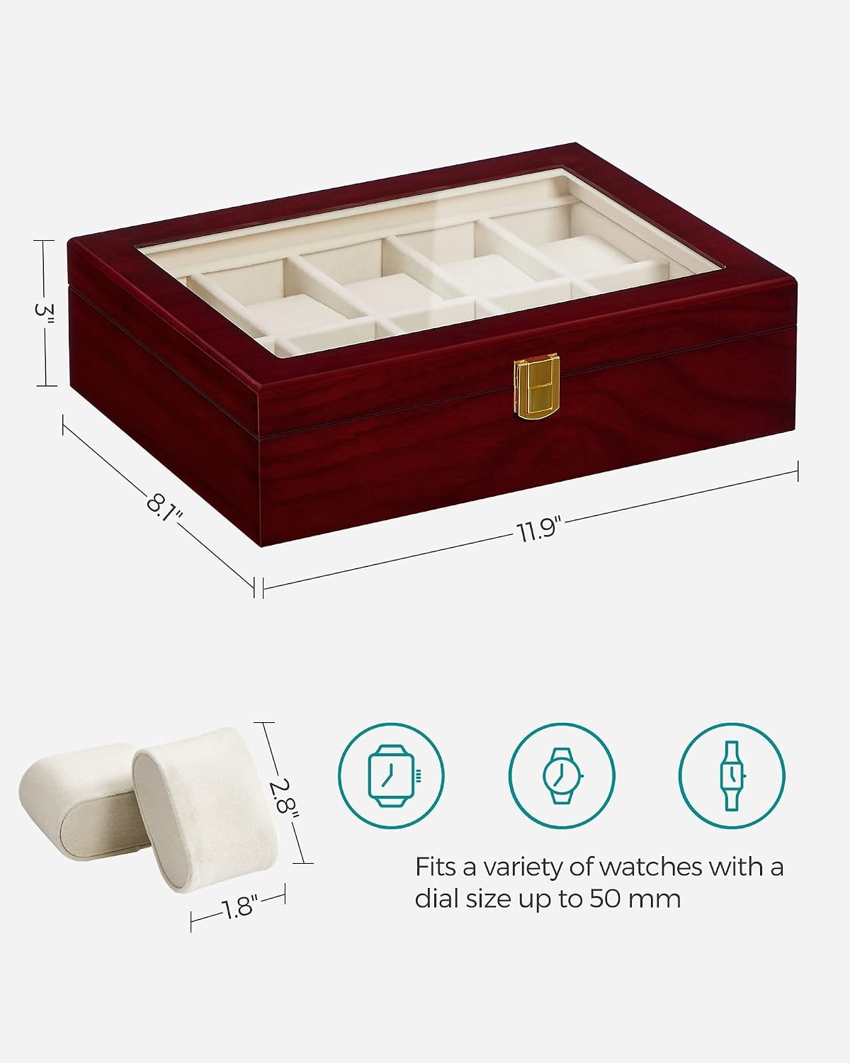 image:imageSONGMICS 10Slot Watch Box with Large Glass Lid Velvet Lining