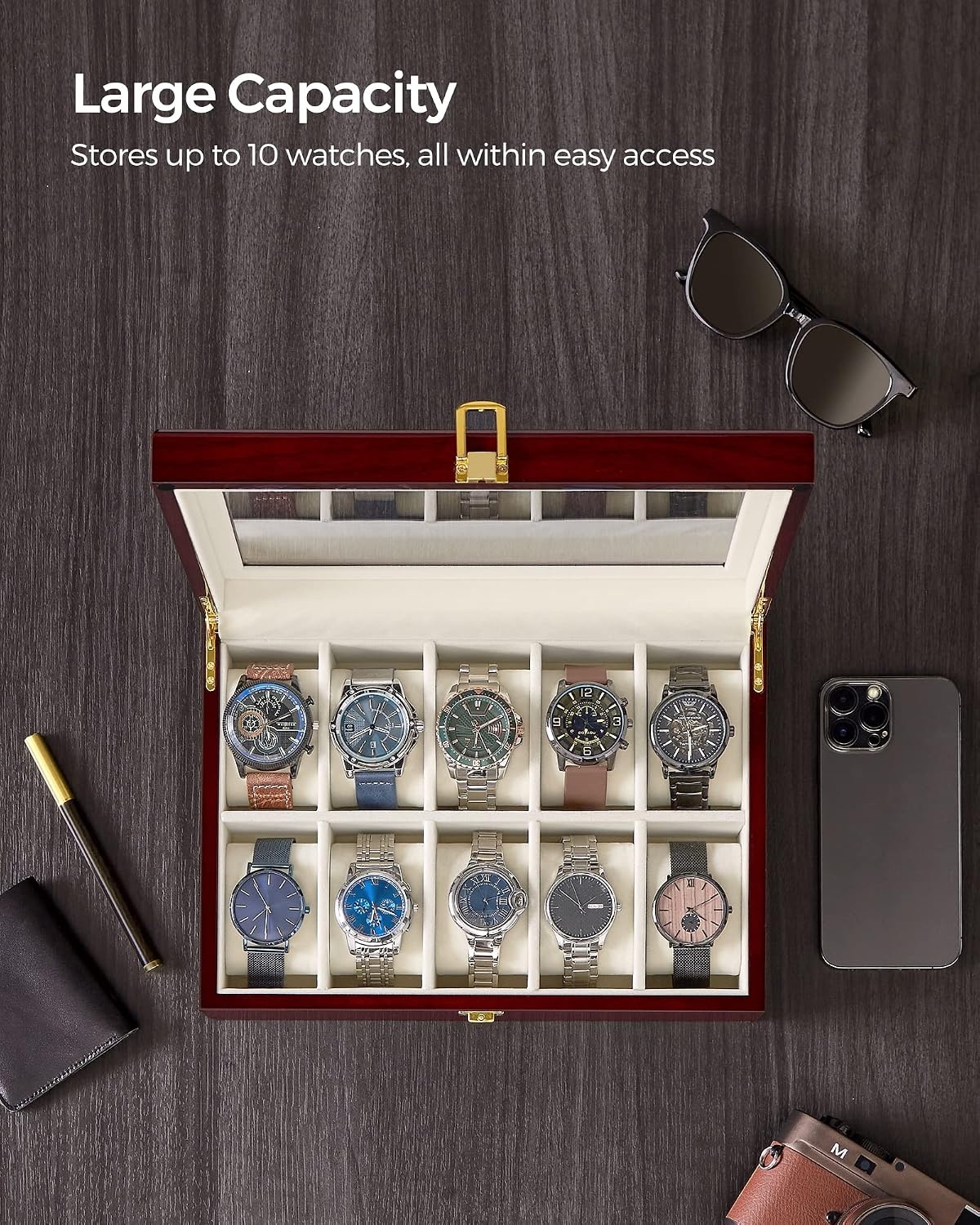 image:imageSONGMICS 10Slot Watch Box with Large Glass Lid Velvet Lining