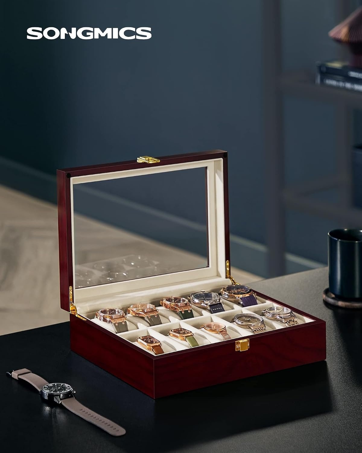 image:imageSONGMICS 10Slot Watch Box with Large Glass Lid Velvet Lining