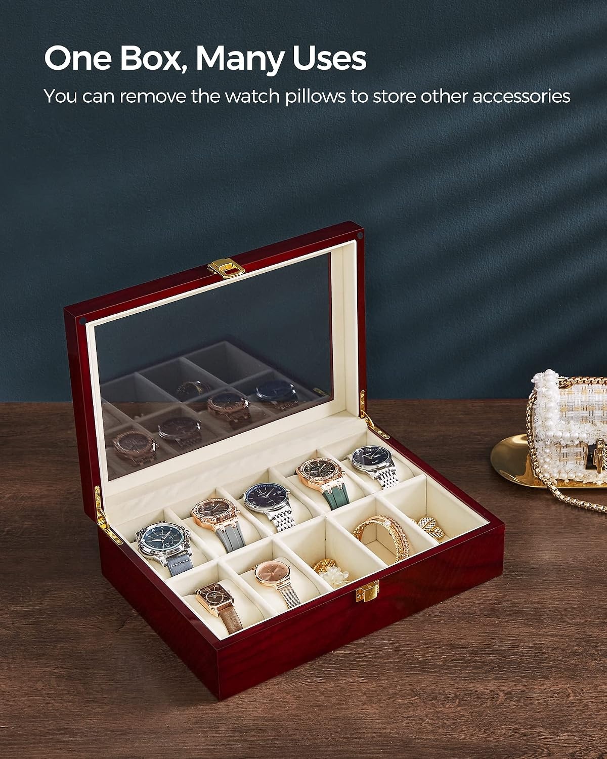 image:imageSONGMICS 10Slot Watch Box with Large Glass Lid Velvet Lining