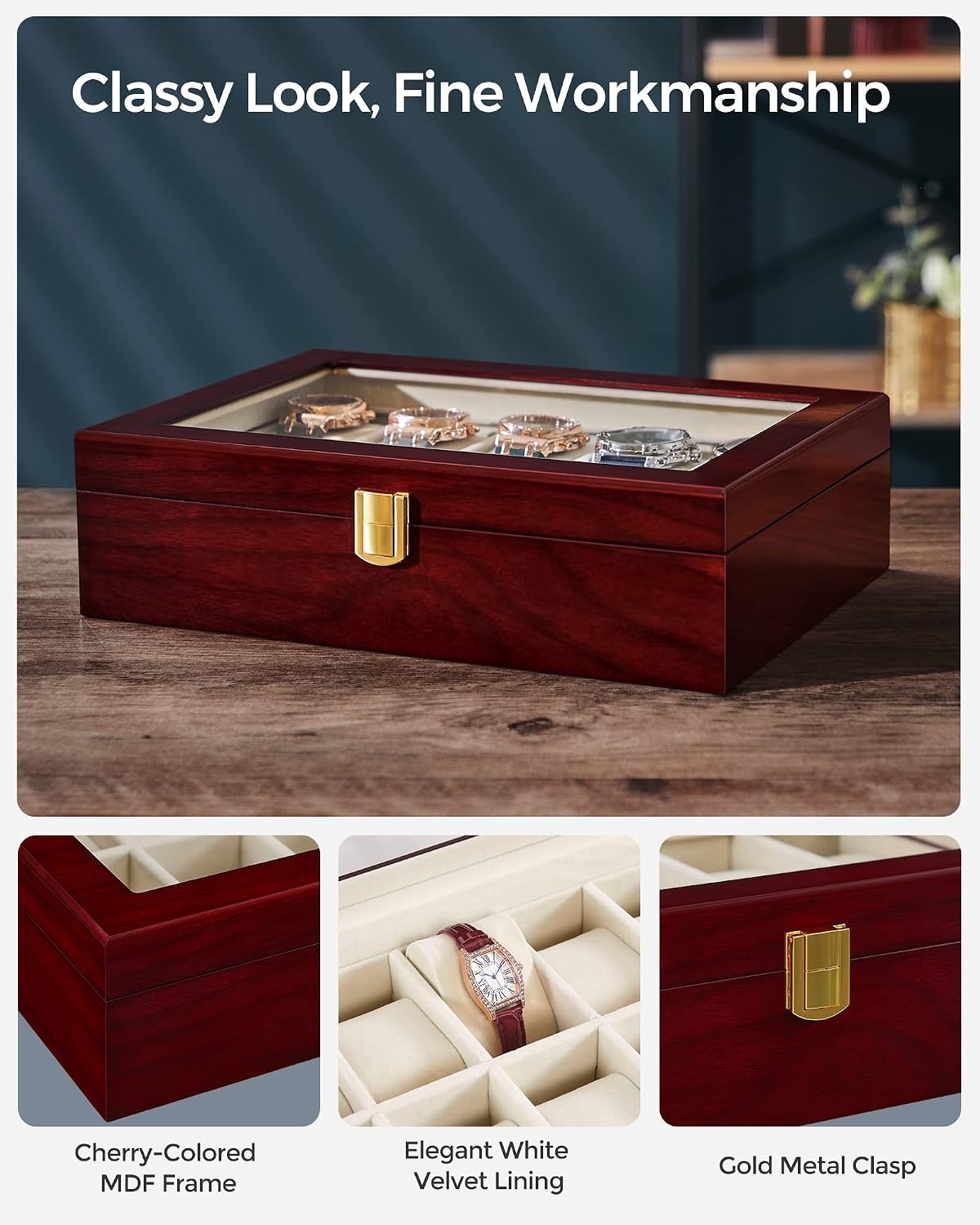 image:imageSONGMICS 10Slot Watch Box with Large Glass Lid Velvet Lining