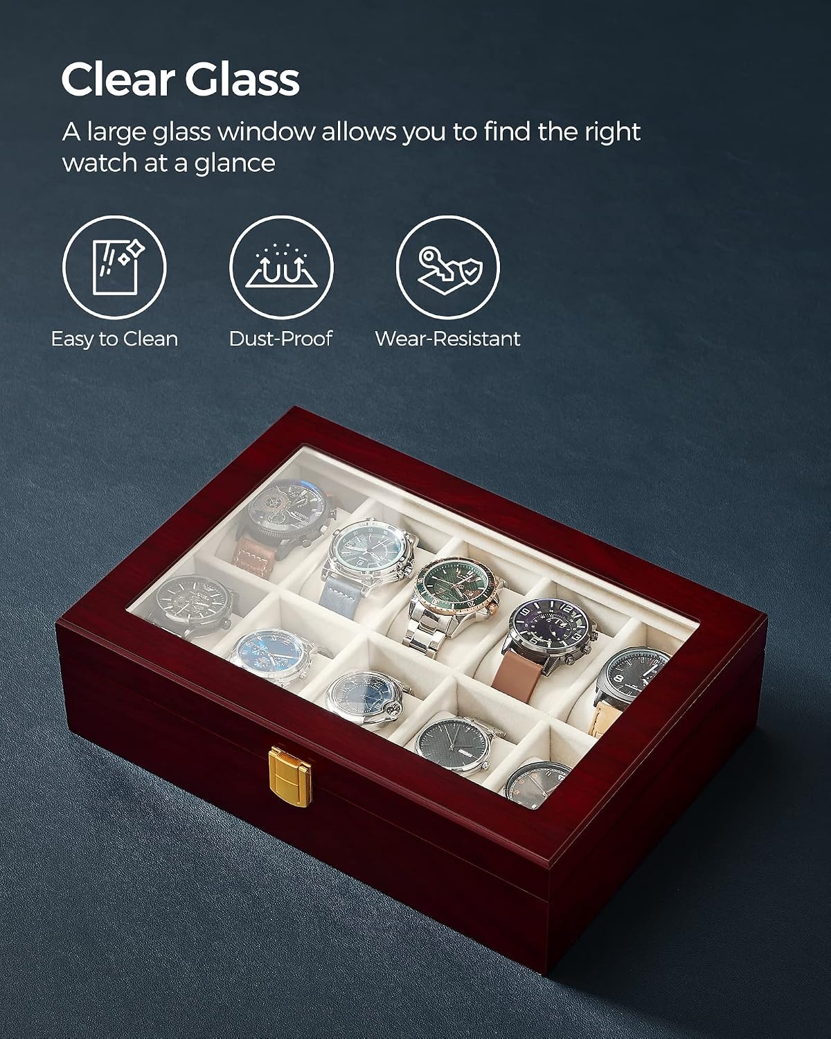 image:imageSONGMICS 10Slot Watch Box with Large Glass Lid Velvet Lining