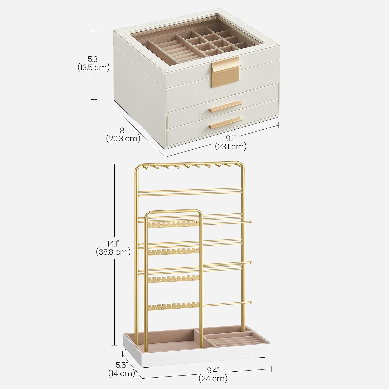 image:imageSONGMICS 3Layer Jewelry Organizer Bundle with Jewelry Holder Jewelry Box with Glass Lid 2 Drawers Jewelry Display Stand with Metal Frame White and Pale Gold UJBC239WT and UJJS028A01