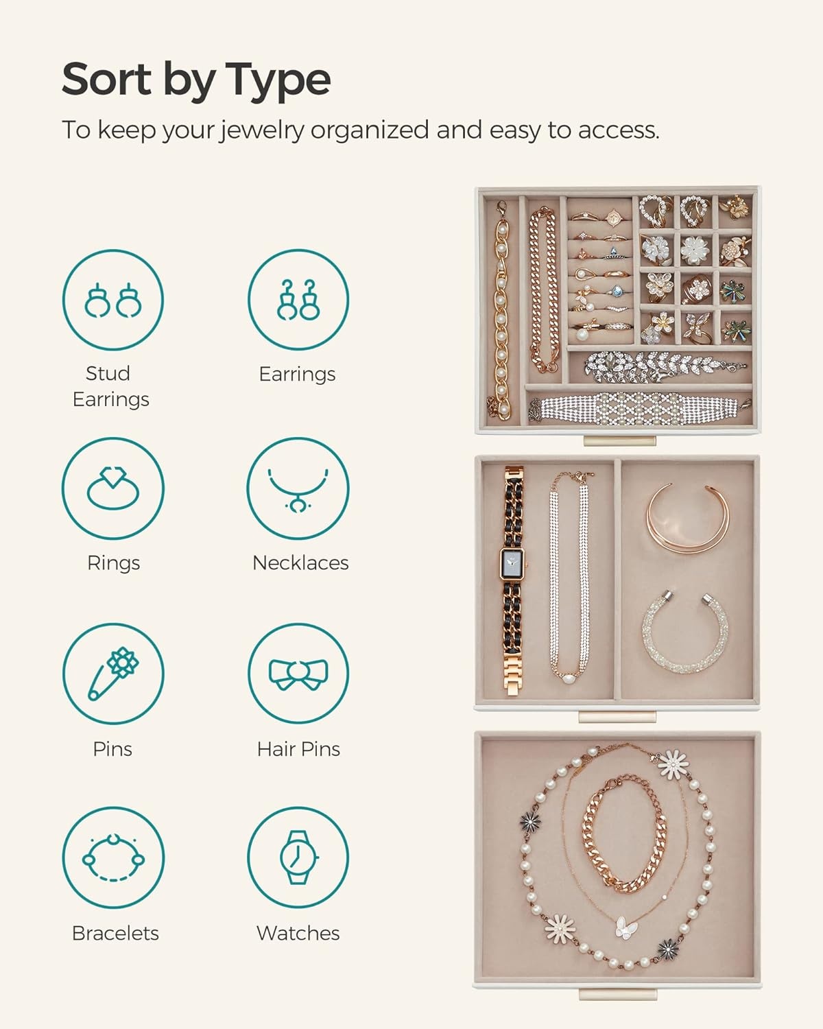 image:imageSONGMICS 3Layer Jewelry Organizer Bundle with Jewelry Holder Jewelry Box with Glass Lid 2 Drawers Jewelry Display Stand with Metal Frame White and Pale Gold UJBC239WT and UJJS028A01