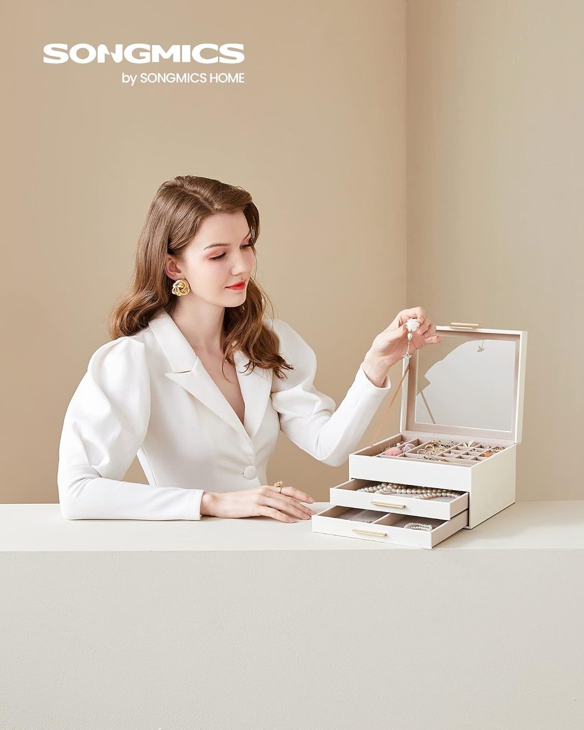 image:imageSONGMICS 3Layer Jewelry Organizer Bundle with Jewelry Holder Jewelry Box with Glass Lid 2 Drawers Jewelry Display Stand with Metal Frame White and Pale Gold UJBC239WT and UJJS028A01